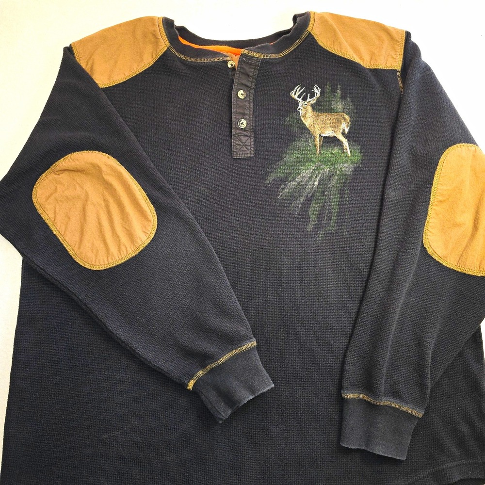 Legendary Whitetails Men XL Black Buck Deer Henley Thermal Cabin Fleece Gorpcore